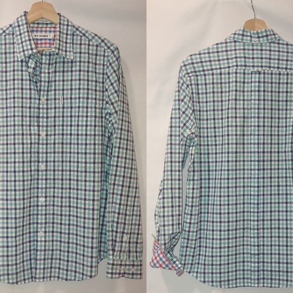 Ben Sherman The House Gingham Shirt Button Front Long Sleeve Green Blue Medium - Picture 1 of 8